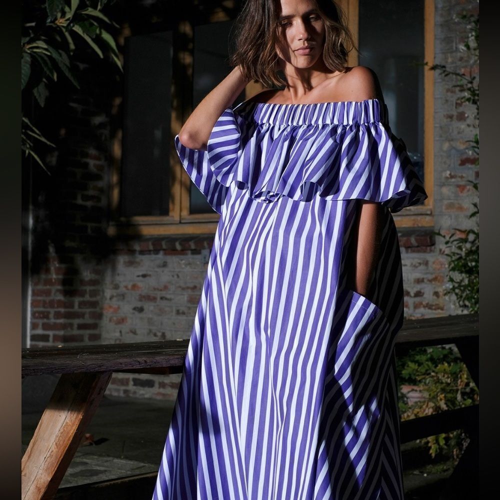 Maison Rabih Kayrouz LIGHT PINK striped off-shoulder dress NWT XS $1946